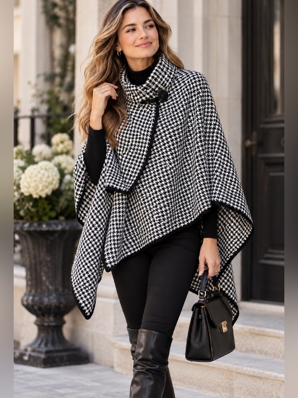 Vintage 90s Jessica McClintock Houndstooth Cape Poncho Cowl Neck Toggle Wrap